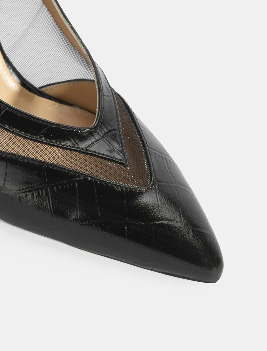 Kadın Siyah Kroko Desenli Fileli Abiye Topuklu Ayakkabı Kadın Siyah Kroko Desenli Fileli Abiye Topuklu Ayakkabı