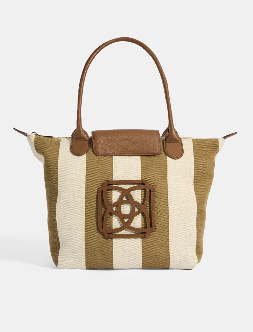 Kadın Monogram Logolu Lacivert Çizgili Kumaş Midi Omuz Çantası Kadın Monogram Logolu Lacivert Çizgili Kumaş Midi Omuz Çantası