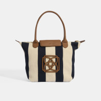 Kadın Monogram Logolu Lacivert Çizgili Kumaş Midi Omuz Çantası Kadın Monogram Logolu Lacivert Çizgili Kumaş Midi Omuz Çantası