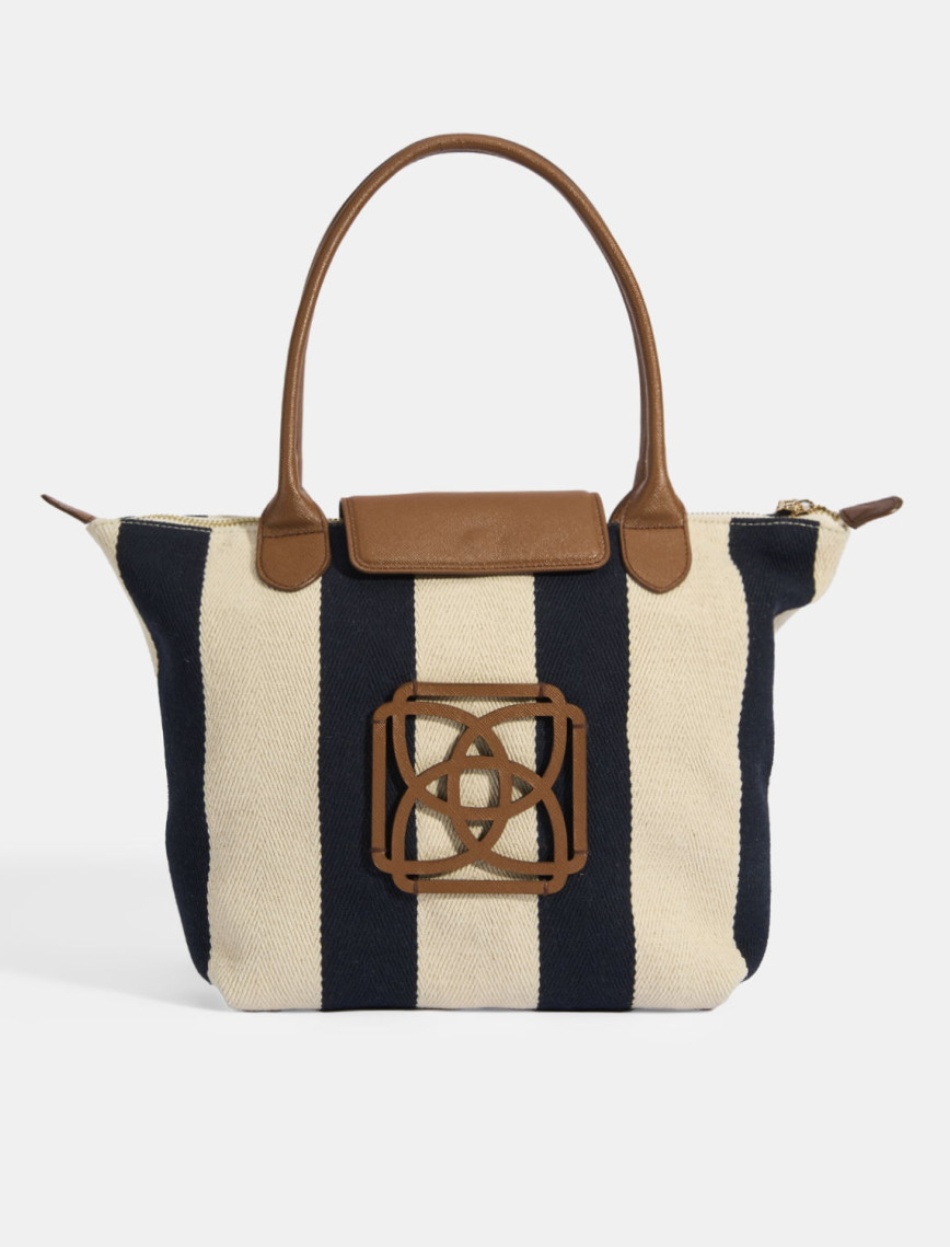 Kadın Monogram Logolu Lacivert Çizgili Kumaş Midi Omuz Çantası Kadın Monogram Logolu Lacivert Çizgili Kumaş Midi Omuz Çantası