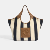 Kadın Monogram Logolu Lacivert Çizgili Kumaş Omuz Çantası Kadın Monogram Logolu Lacivert Çizgili Kumaş Omuz Çantası