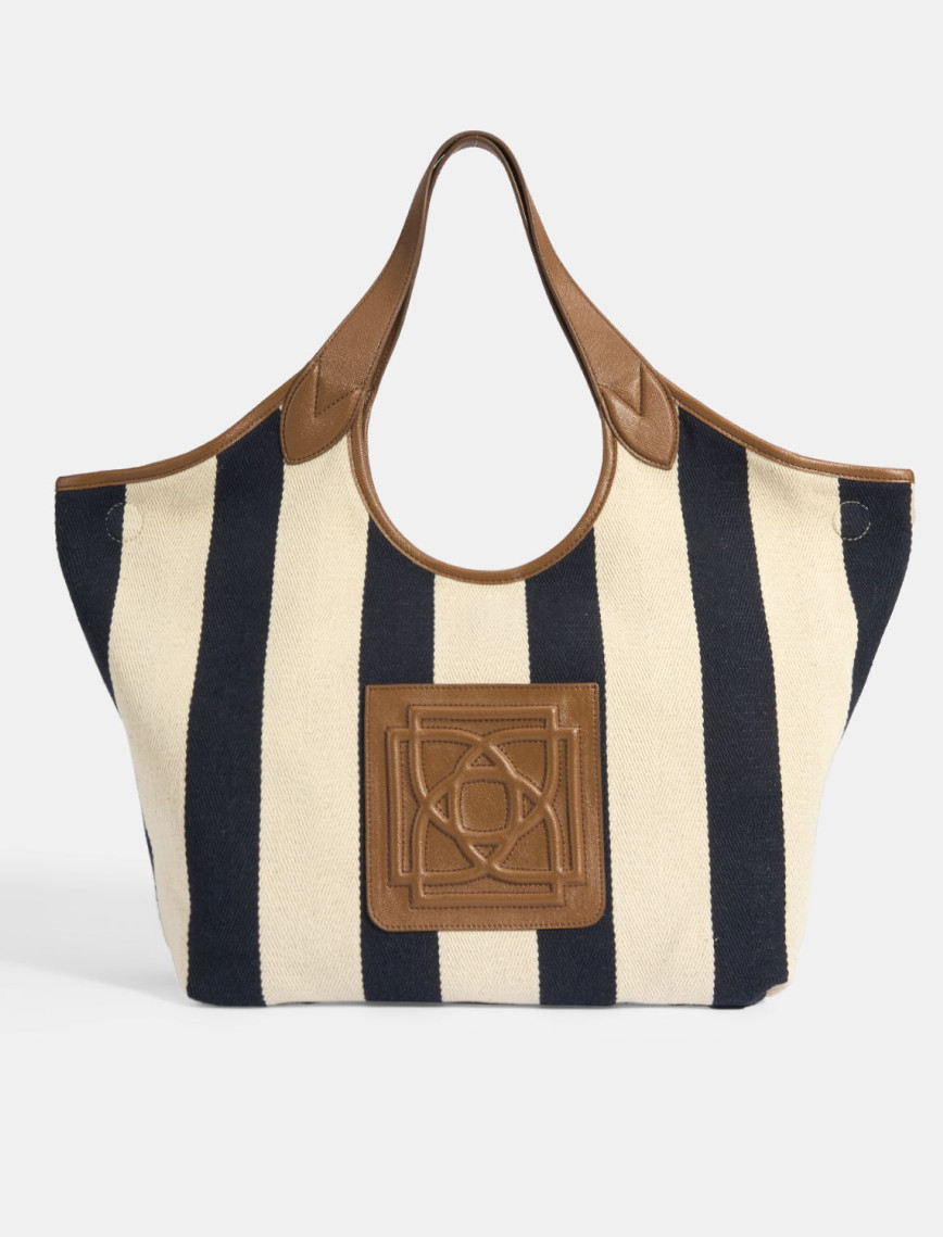 Kadın Monogram Logolu Vizon Çizgili Kumaş Omuz Çantası Kadın Monogram Logolu Vizon Çizgili Kumaş Omuz Çantası