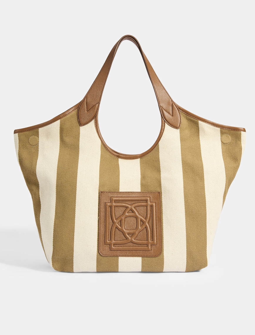 Kadın Monogram Logolu Vizon Çizgili Kumaş Omuz Çantası Kadın Monogram Logolu Vizon Çizgili Kumaş Omuz Çantası