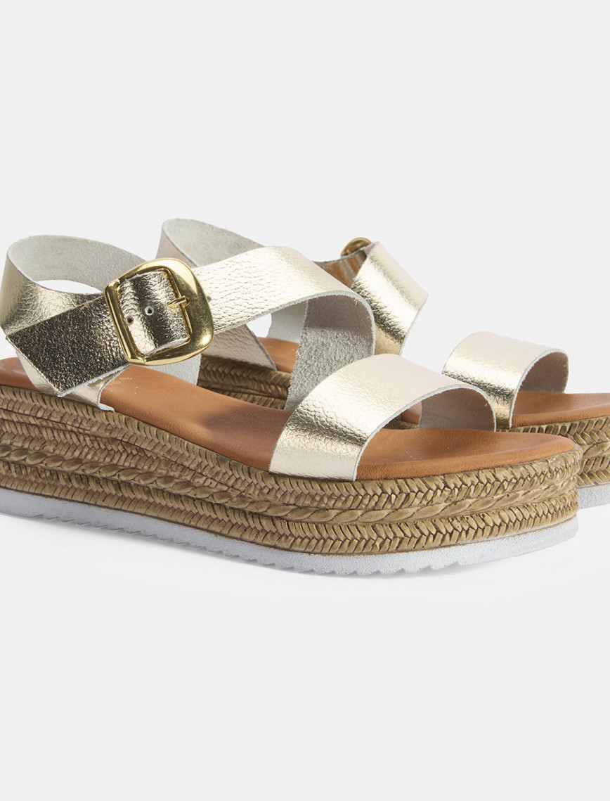 Kadın Gold Ayarlanabilir Tokalı Dolgu Topuklu Deri Sandalet Kadın Gold Ayarlanabilir Tokalı Dolgu Topuklu Deri Sandalet