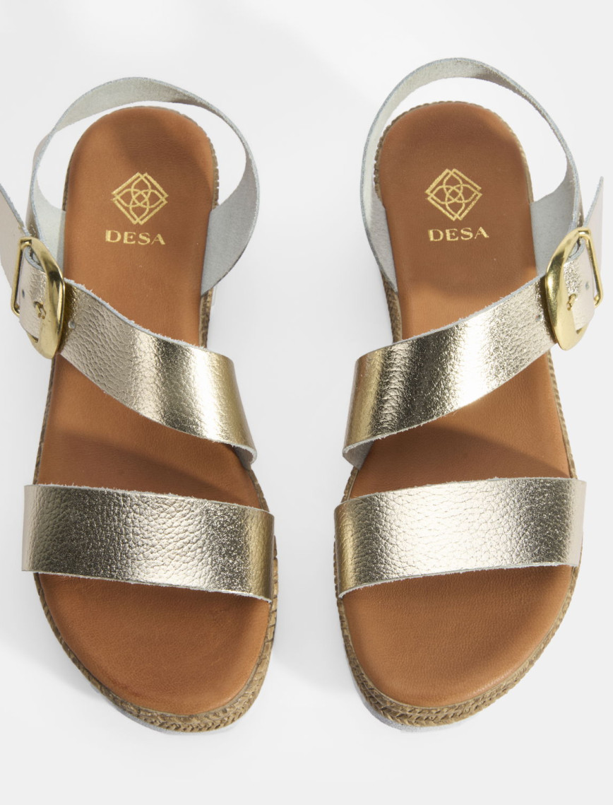 Kadın Gold Ayarlanabilir Tokalı Dolgu Topuklu Deri Sandalet Kadın Gold Ayarlanabilir Tokalı Dolgu Topuklu Deri Sandalet