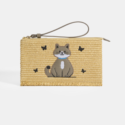 Kadın Gri Kedi Nakışlı Hasır Clutch