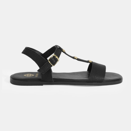 Kadın Siyah Ayarlanabilir Tokalı Deri Sandalet