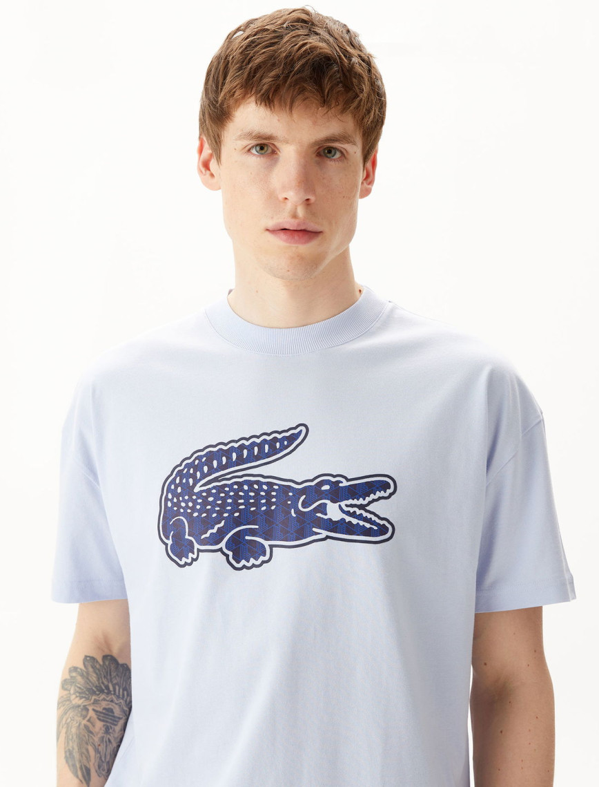 Lacoste Erkek Relaxed Fit Bisiklet Yaka Baskılı Beyaz T-Shirt