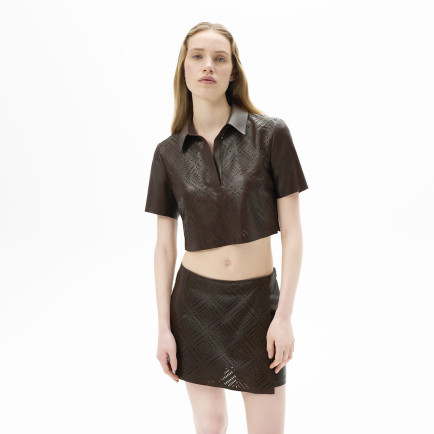 Kadın Kahve Lazer Kesimli Kısa Perforeli Deri Gömlek Kadın Kahve Lazer Kesimli Kısa Perforeli Deri Gömlek