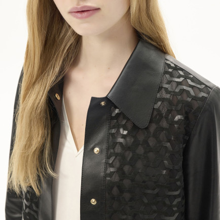 Kadın Siyah Gömlek Yaka Örmeli Deri Ceket Kadın Siyah Gömlek Yaka Örmeli Deri Ceket