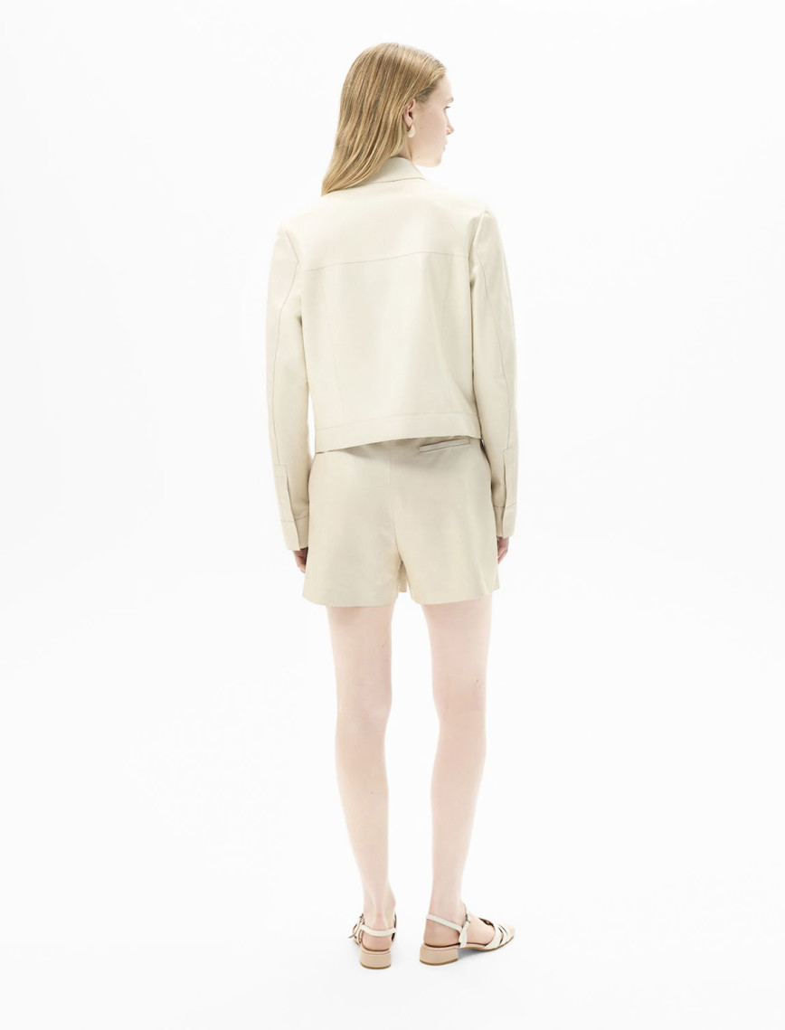 Kadın Beyaz Gömlek Yaka Örmeli Deri Ceket