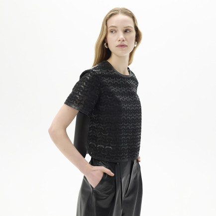 Kadın Siyah Deri Detaylı Bluz Kadın Siyah Deri Detaylı Bluz