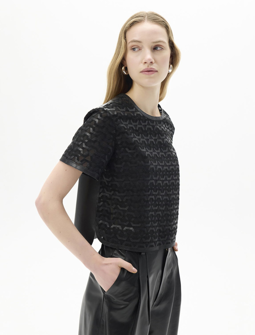 Kadın Taba Deri Detaylı Bluz Kadın Taba Deri Detaylı Bluz