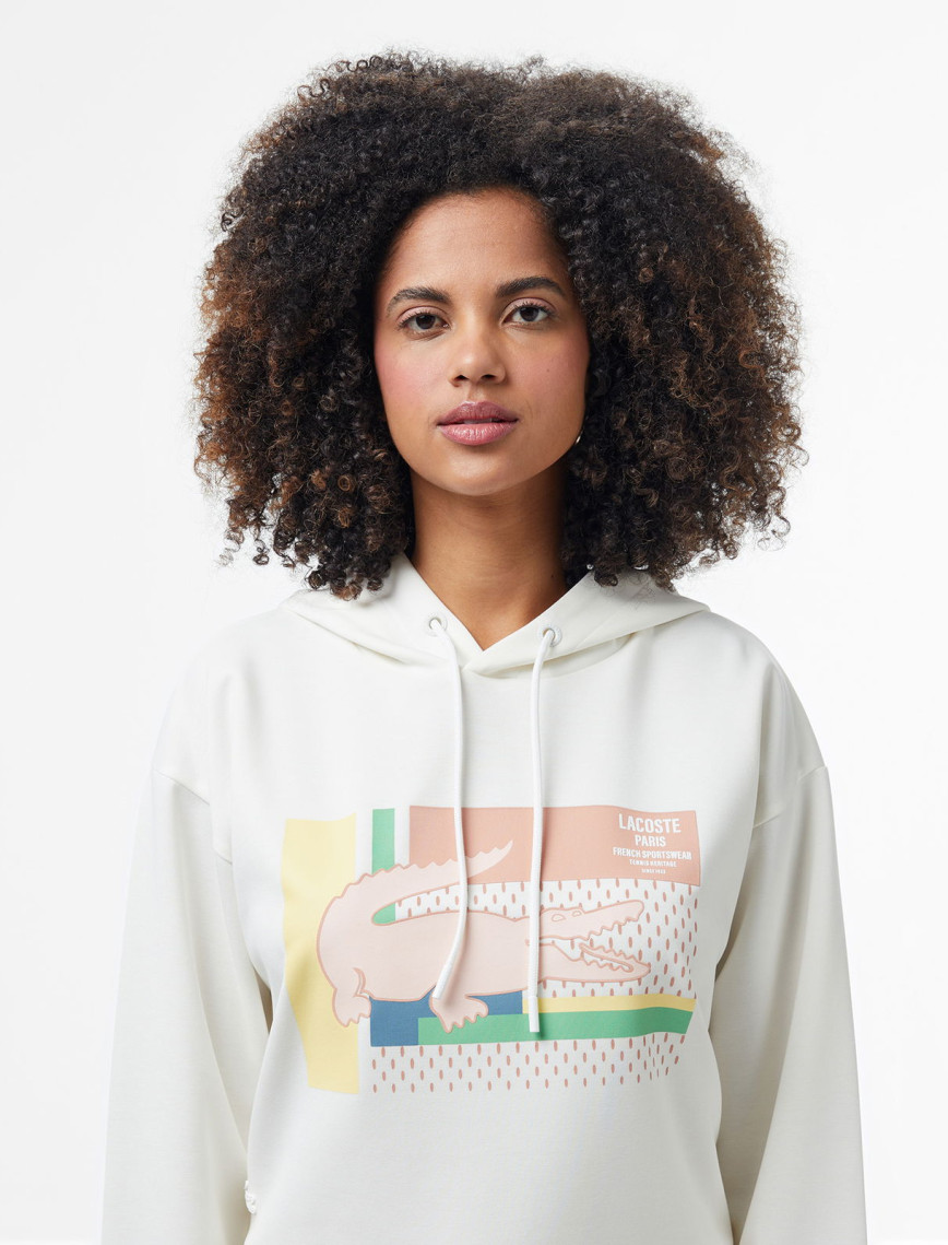 Lacoste Kadın Relaxed Fit Kapüşonlu Baskılı Beyaz Sweatshirt Lacoste Kadın Relaxed Fit Kapüşonlu Baskılı Beyaz Sweatshirt