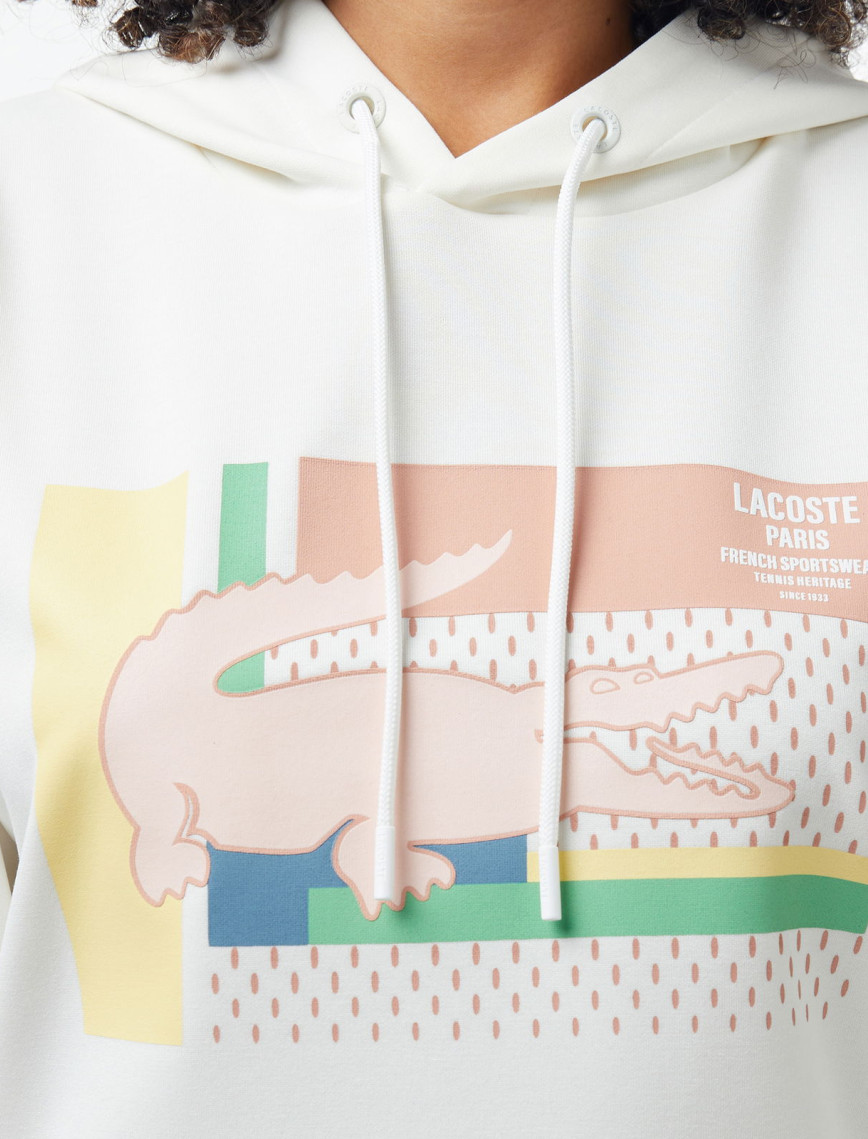 Lacoste Kadın Relaxed Fit Kapüşonlu Baskılı Beyaz Sweatshirt Lacoste Kadın Relaxed Fit Kapüşonlu Baskılı Beyaz Sweatshirt