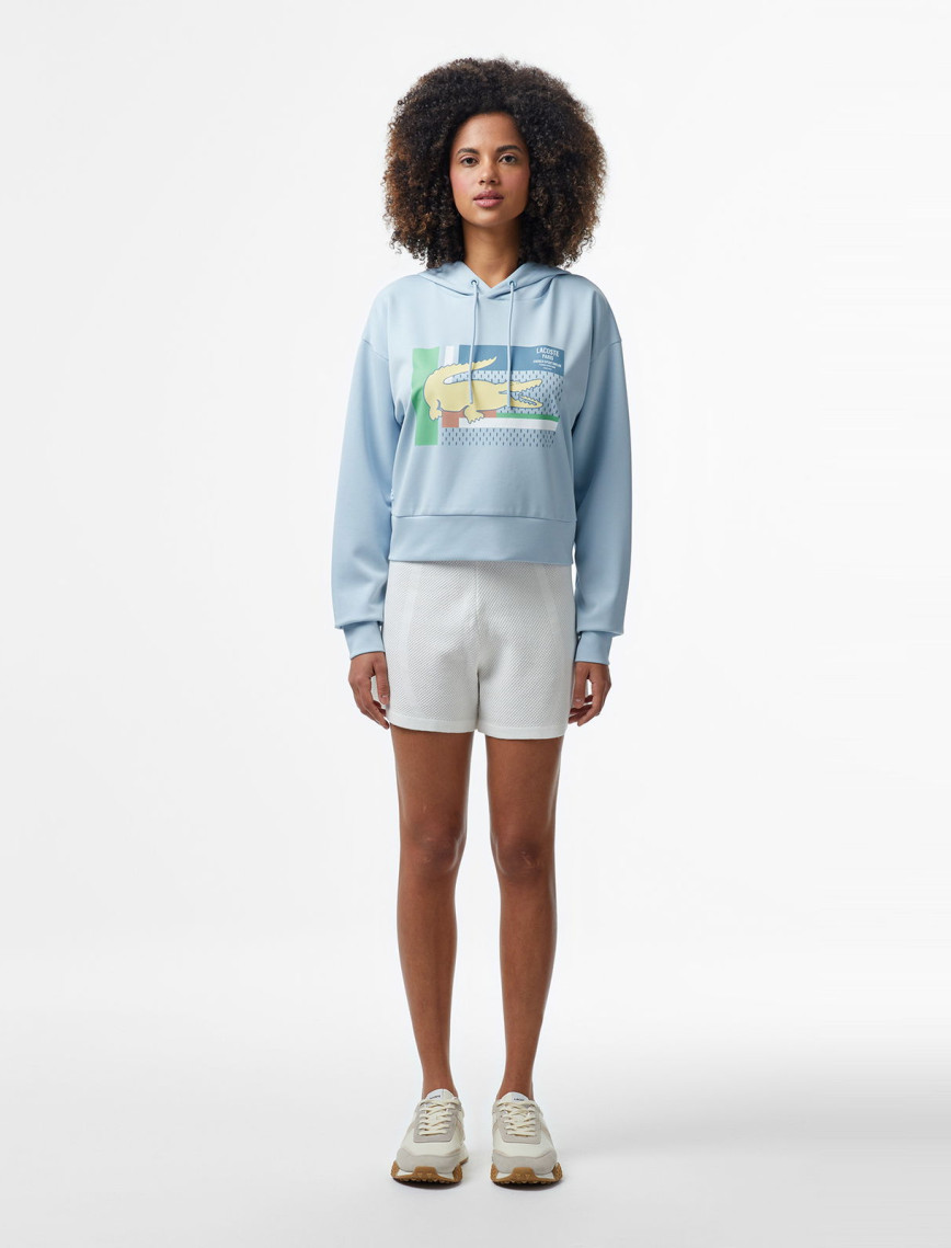 Lacoste Kadın Relaxed Fit Kapüşonlu Baskılı Açık Mavi Sweatshirt