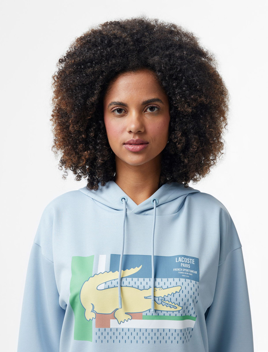 Lacoste Kadın Relaxed Fit Kapüşonlu Baskılı Açık Mavi Sweatshirt
