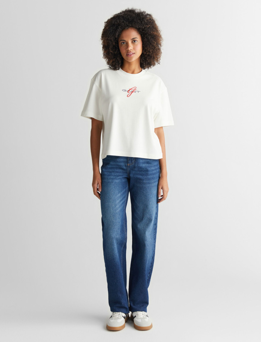 GANT Kadın Krem Bisiklet Yaka Logolu T-Shirt GANT Kadın Krem Bisiklet Yaka Logolu T-Shirt