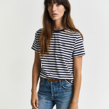 GANT Kadın Lacivert Regular Fit Bisiklet Yaka Çizgili T-Shirt