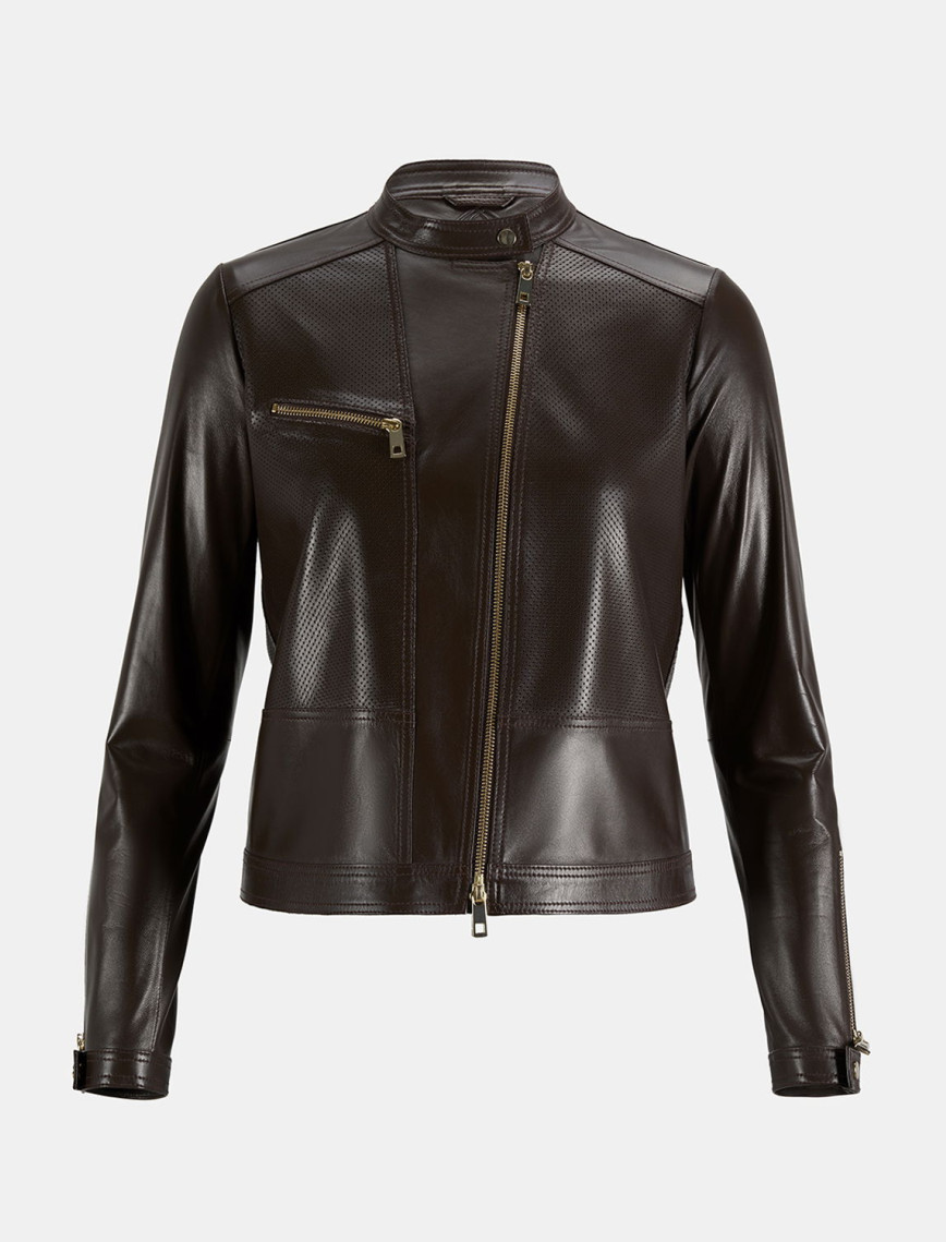 Kadın Kahve Perfore Detaylı Deri Ceket Kadın Kahve Perfore Detaylı Deri Ceket