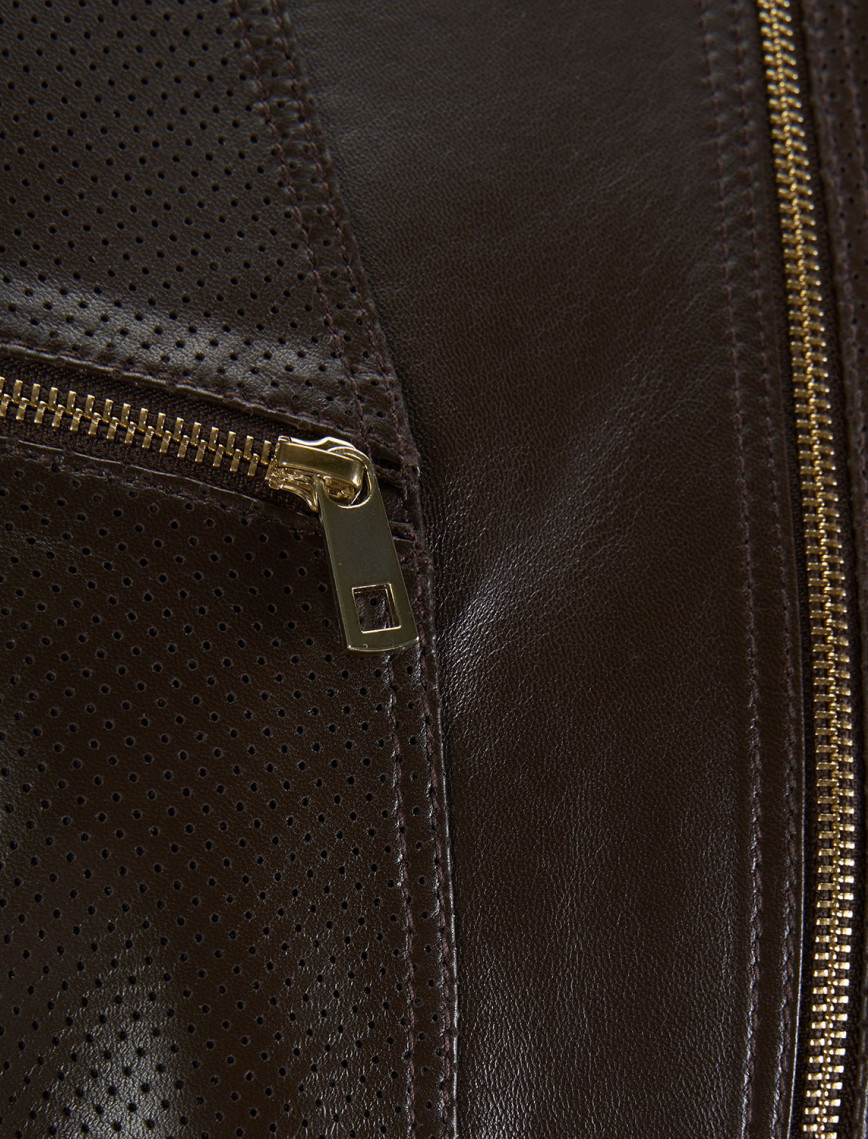 Kadın Kahve Perfore Detaylı Deri Ceket Kadın Kahve Perfore Detaylı Deri Ceket