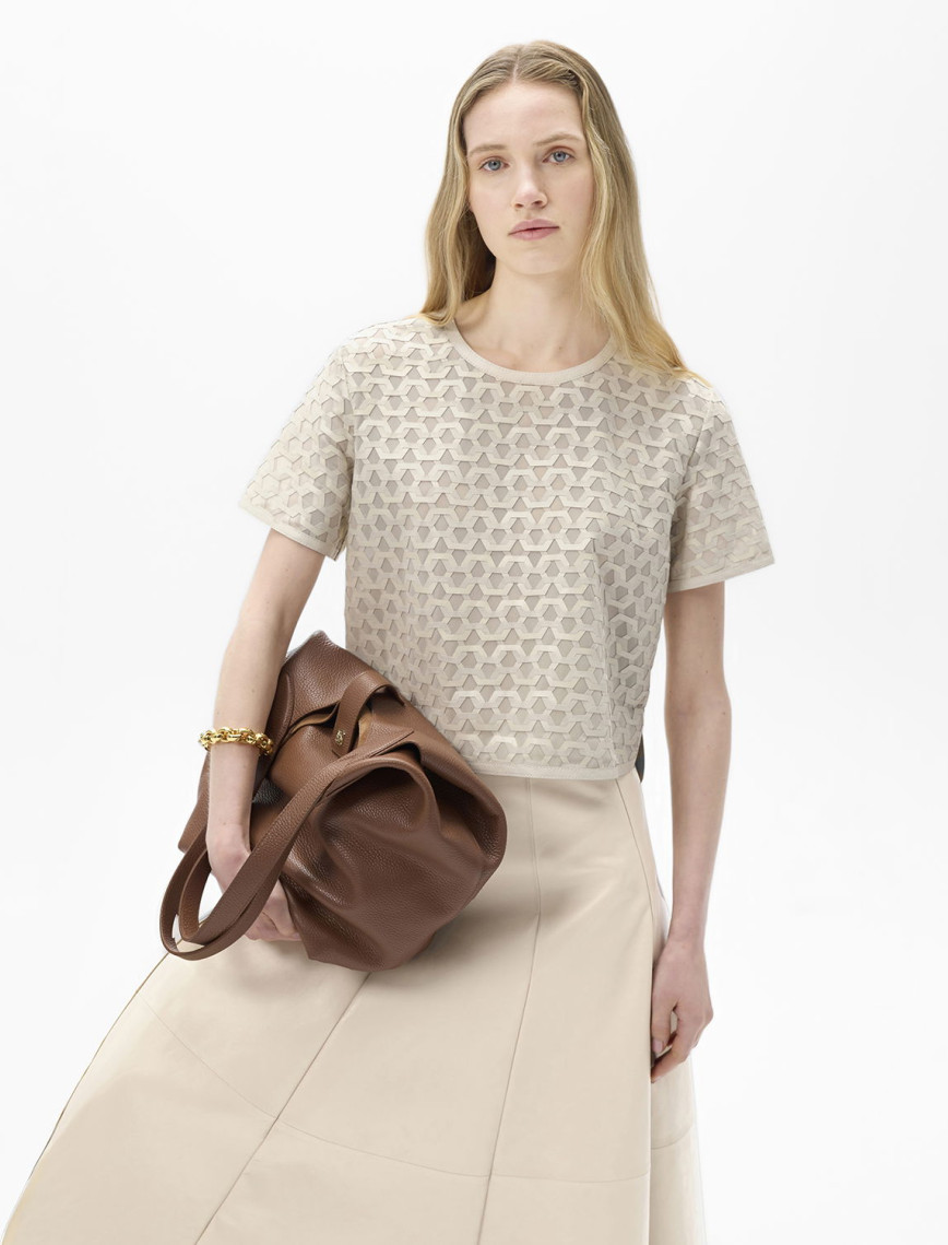 Kadın Taba Deri Detaylı Bluz Kadın Taba Deri Detaylı Bluz