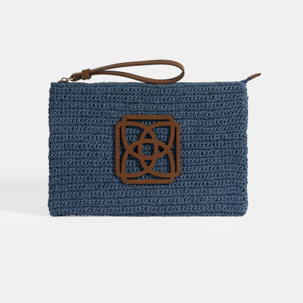 Kadın Mavi Monogram Logolu Hasır El Çantası