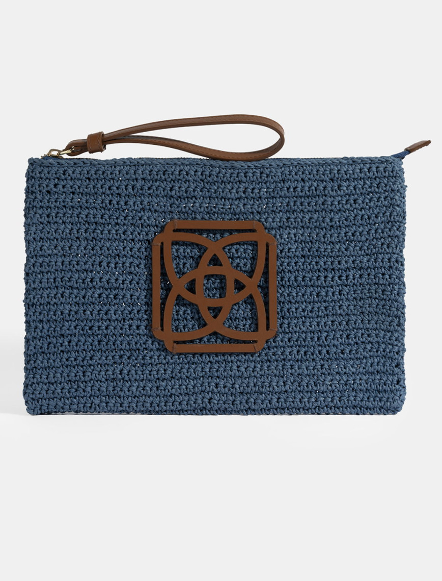 Kadın Mavi Monogram Logolu Hasır El Çantası Kadın Mavi Monogram Logolu Hasır El Çantası