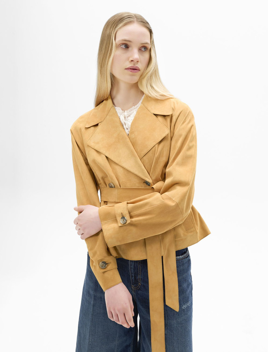 Limited Edition Kadın Turuncu Belden Bağlamalı Süet Kısa Trençkot Limited Edition Kadın Turuncu Belden Bağlamalı Süet Kısa Trençkot