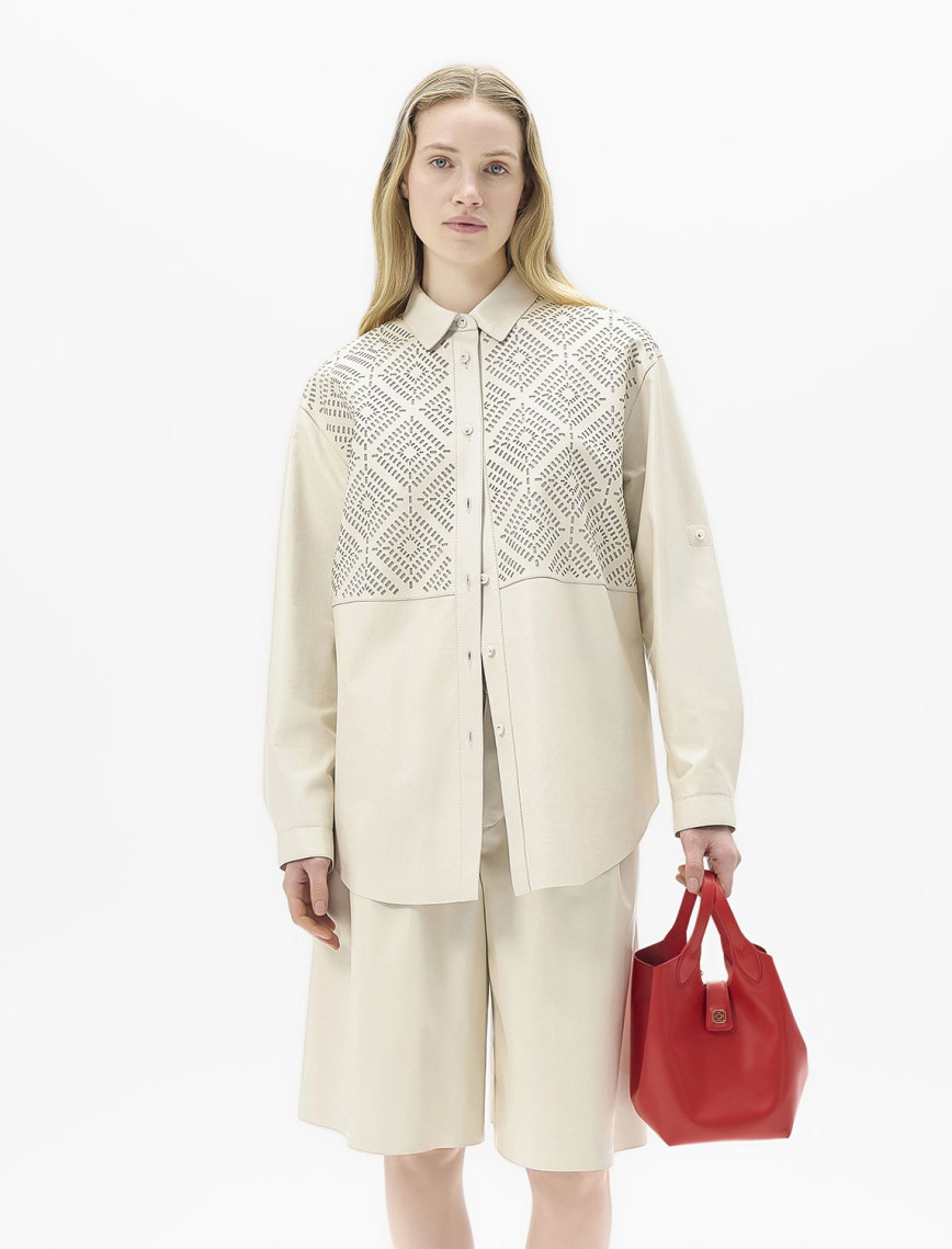 Kadın Beyaz Lazer Kesimli Geometrik Desenli Deri Gömlek Kadın Beyaz Lazer Kesimli Geometrik Desenli Deri Gömlek