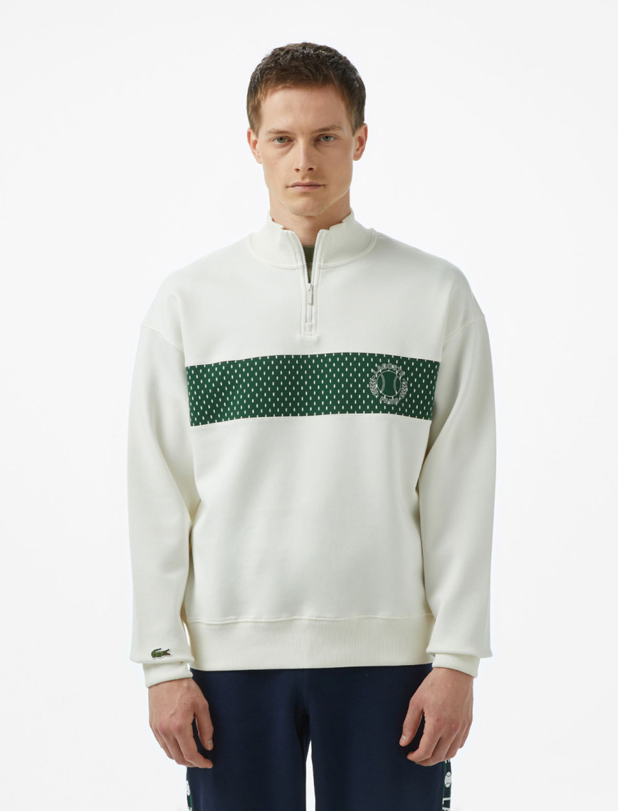 Lacoste Erkek Loose Fit Yarım Fermuarlı Baskılı Beyaz Sweatshirt Lacoste Erkek Loose Fit Yarım Fermuarlı Baskılı Beyaz Sweatshirt