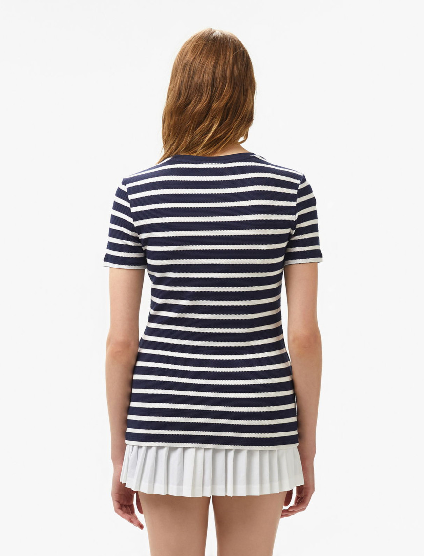 Lacoste Kadın Slim Fit Bisiklet Yaka Çizgili Lacivert T-Shirt