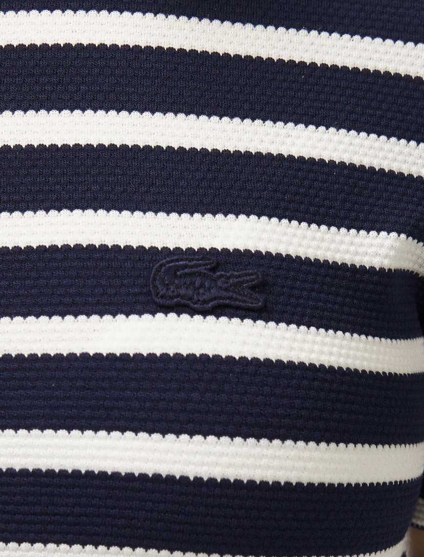 Lacoste Kadın Slim Fit Bisiklet Yaka Çizgili Lacivert T-Shirt