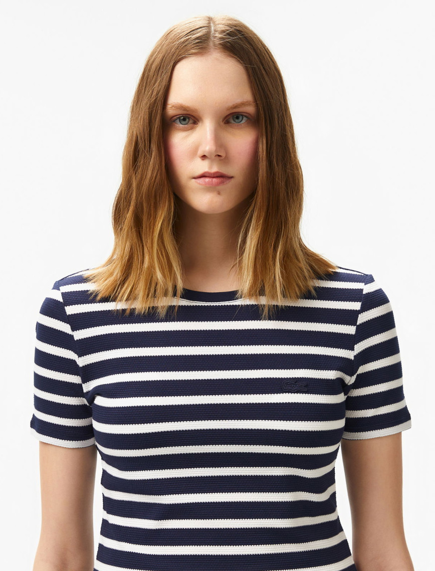 Lacoste Kadın Slim Fit Bisiklet Yaka Çizgili Lacivert T-Shirt