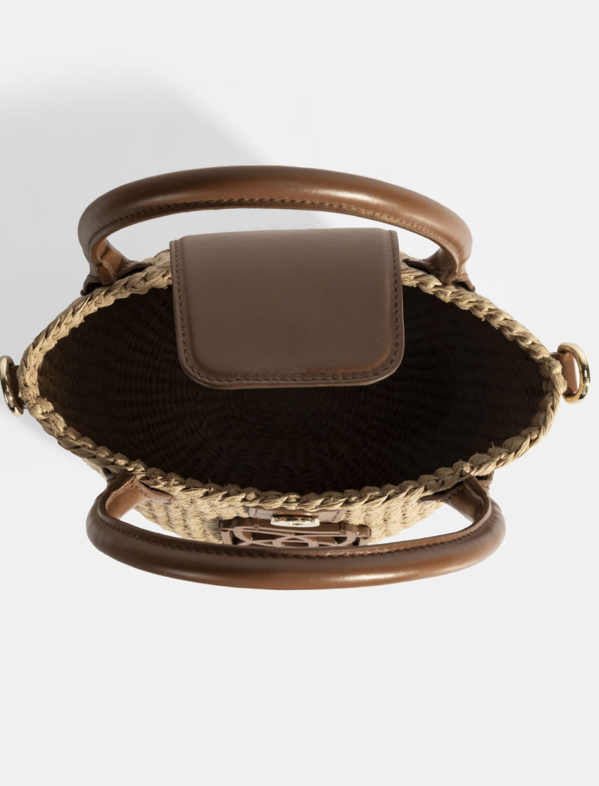 Kadın Taba Monogram Logolu Hasır Mini El Çantası Kadın Taba Monogram Logolu Hasır Mini El Çantası