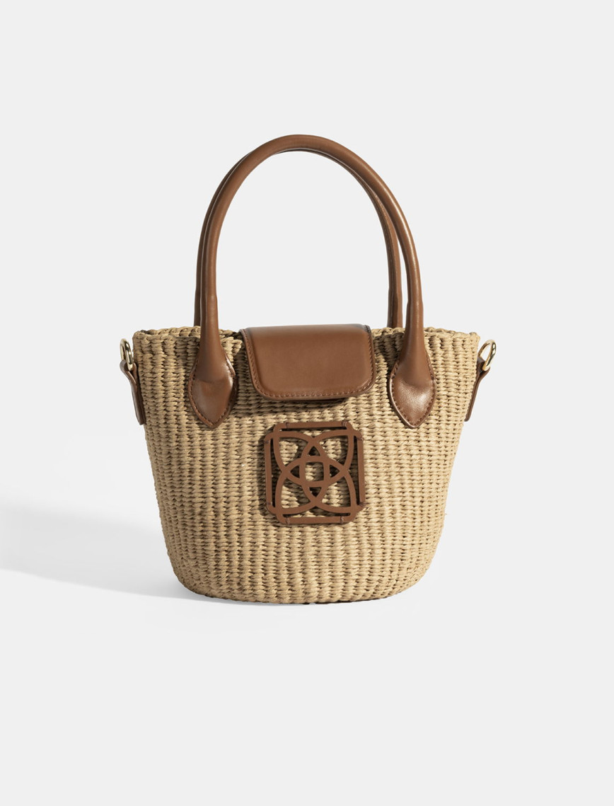 Kadın Taba Monogram Logolu Hasır Mini El Çantası Kadın Taba Monogram Logolu Hasır Mini El Çantası