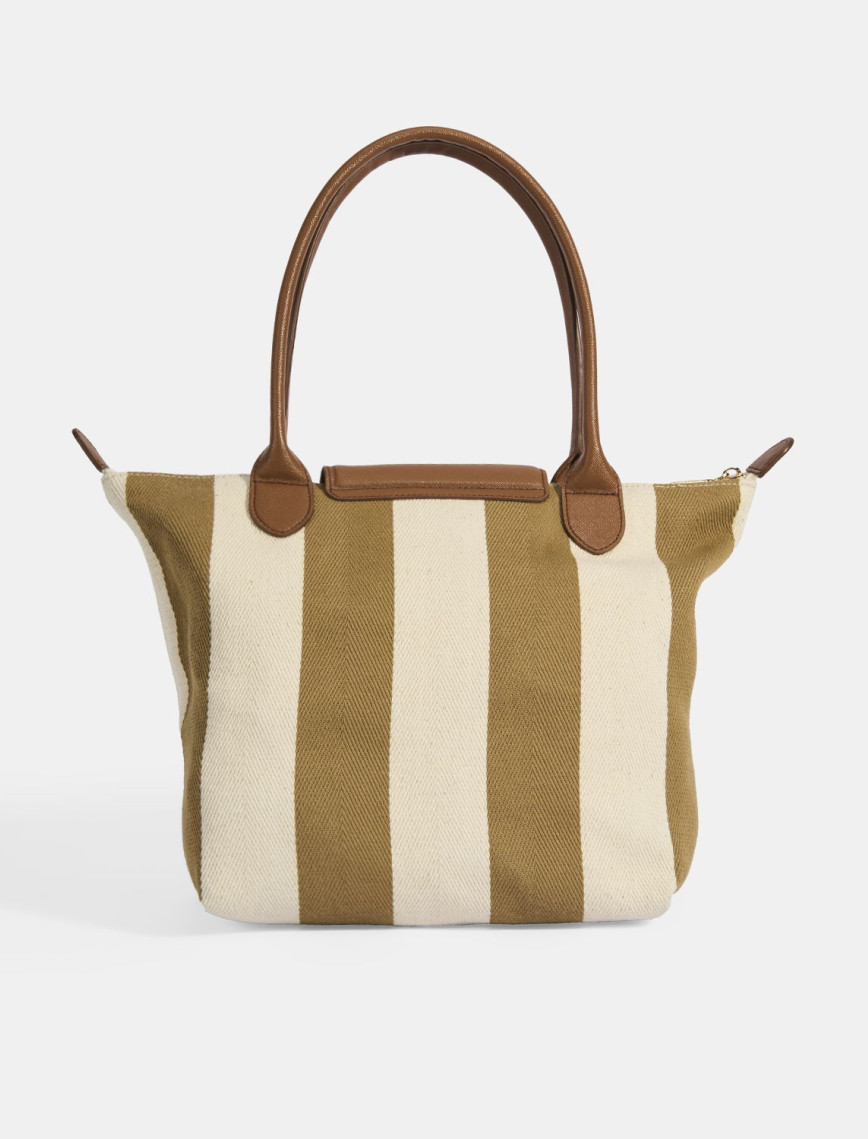 Kadın Monogram Logolu Vizon Çizgili Kumaş Midi Omuz Çantası Kadın Monogram Logolu Vizon Çizgili Kumaş Midi Omuz Çantası