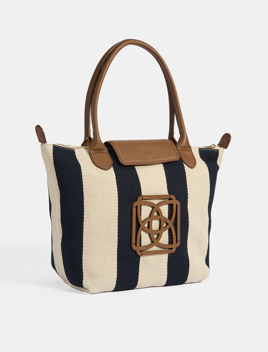 Kadın Monogram Logolu Lacivert Çizgili Kumaş Midi Omuz Çantası Kadın Monogram Logolu Lacivert Çizgili Kumaş Midi Omuz Çantası