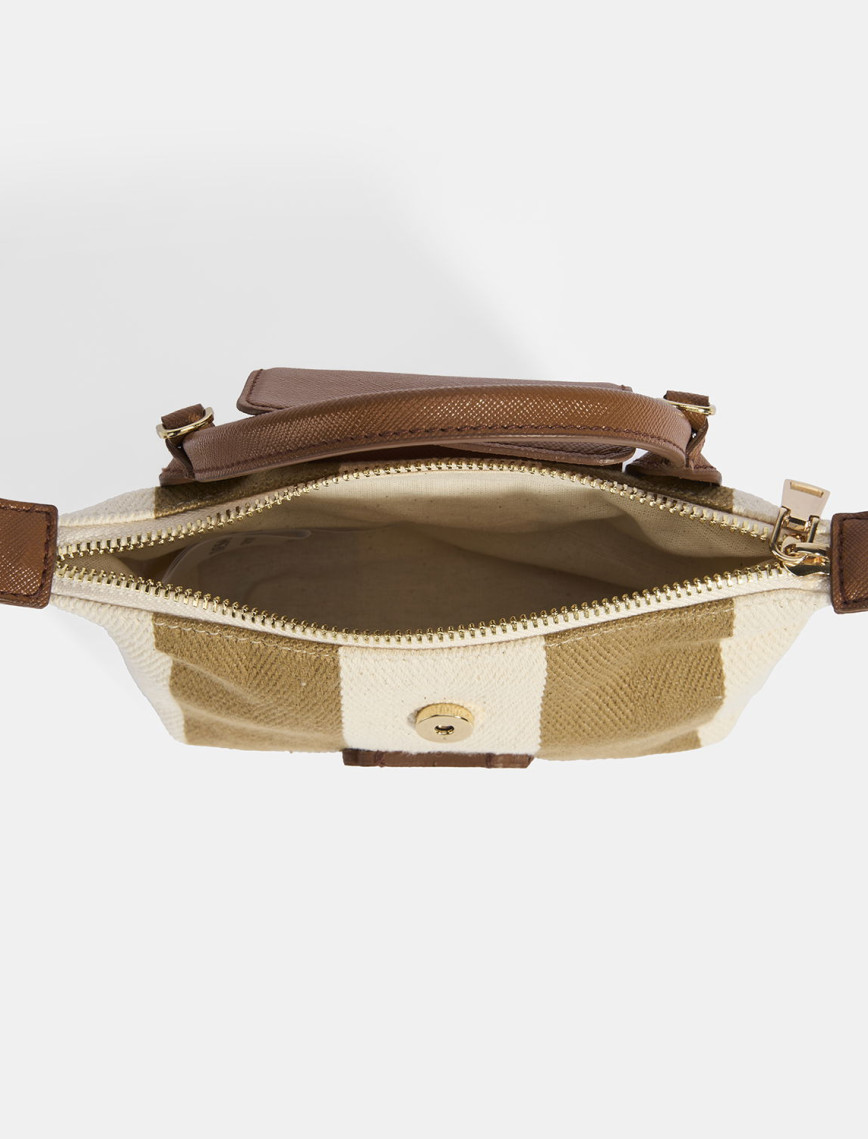 Kadın Monogram Logolu Vizon Çizgili Kumaş El Çantası Kadın Monogram Logolu Vizon Çizgili Kumaş El Çantası