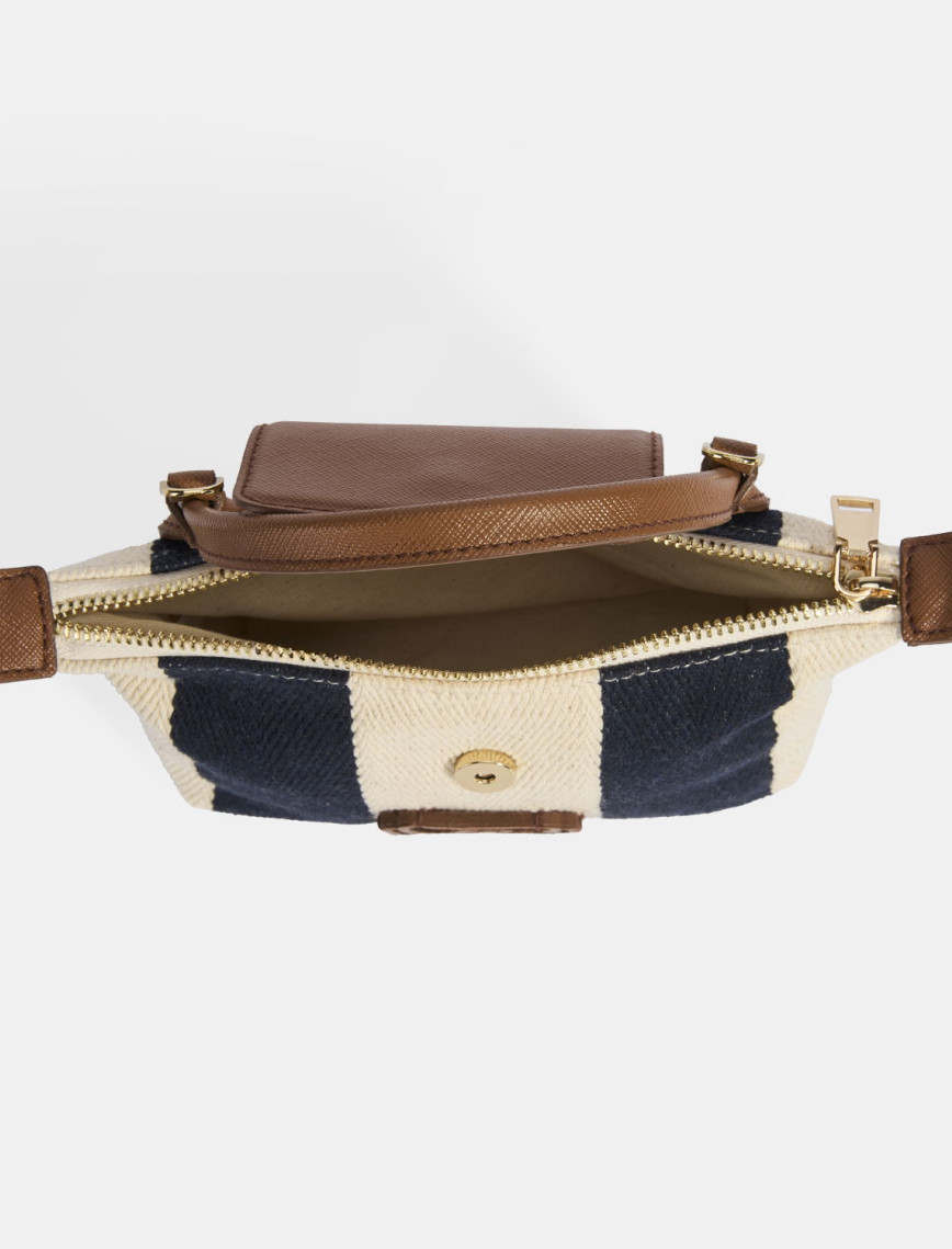 Kadın Monogram Logolu Lacivert Çizgili Kumaş El Çantası Kadın Monogram Logolu Lacivert Çizgili Kumaş El Çantası