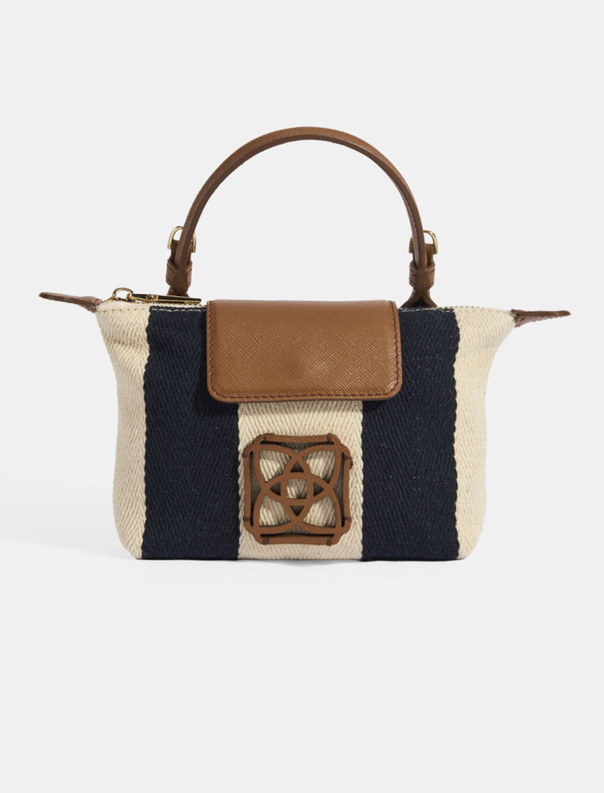 Kadın Monogram Logolu Lacivert Çizgili Kumaş El Çantası Kadın Monogram Logolu Lacivert Çizgili Kumaş El Çantası