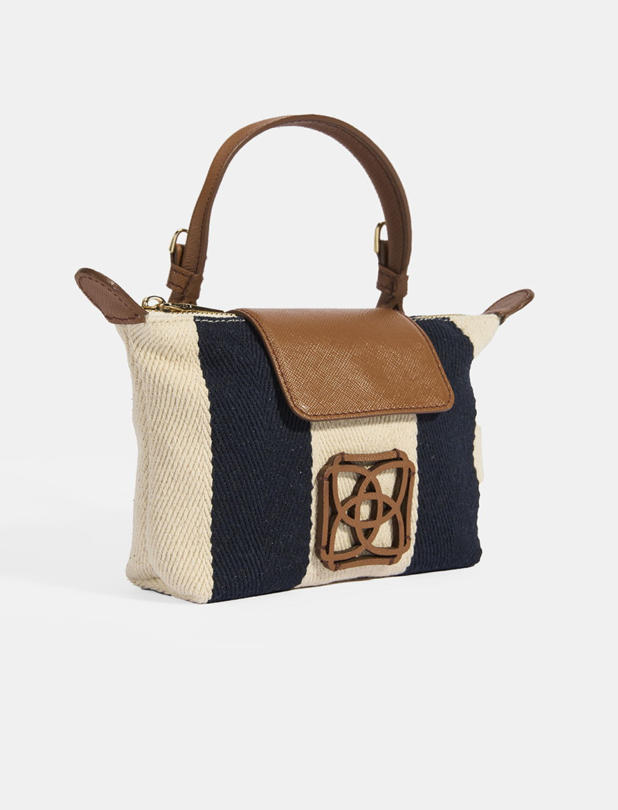 Kadın Monogram Logolu Lacivert Çizgili Kumaş El Çantası Kadın Monogram Logolu Lacivert Çizgili Kumaş El Çantası