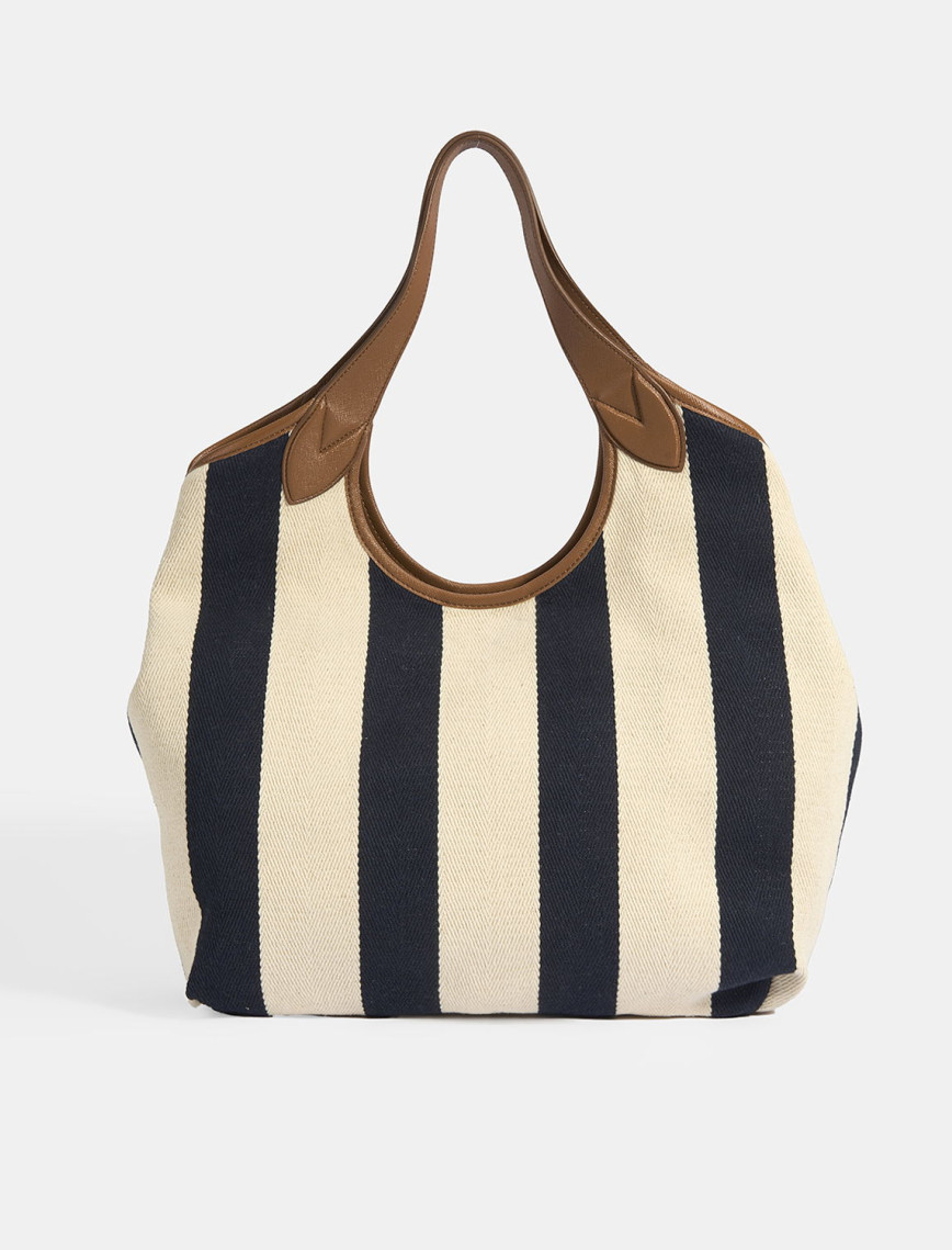 Kadın Monogram Logolu Lacivert Çizgili Kumaş Omuz Çantası Kadın Monogram Logolu Lacivert Çizgili Kumaş Omuz Çantası