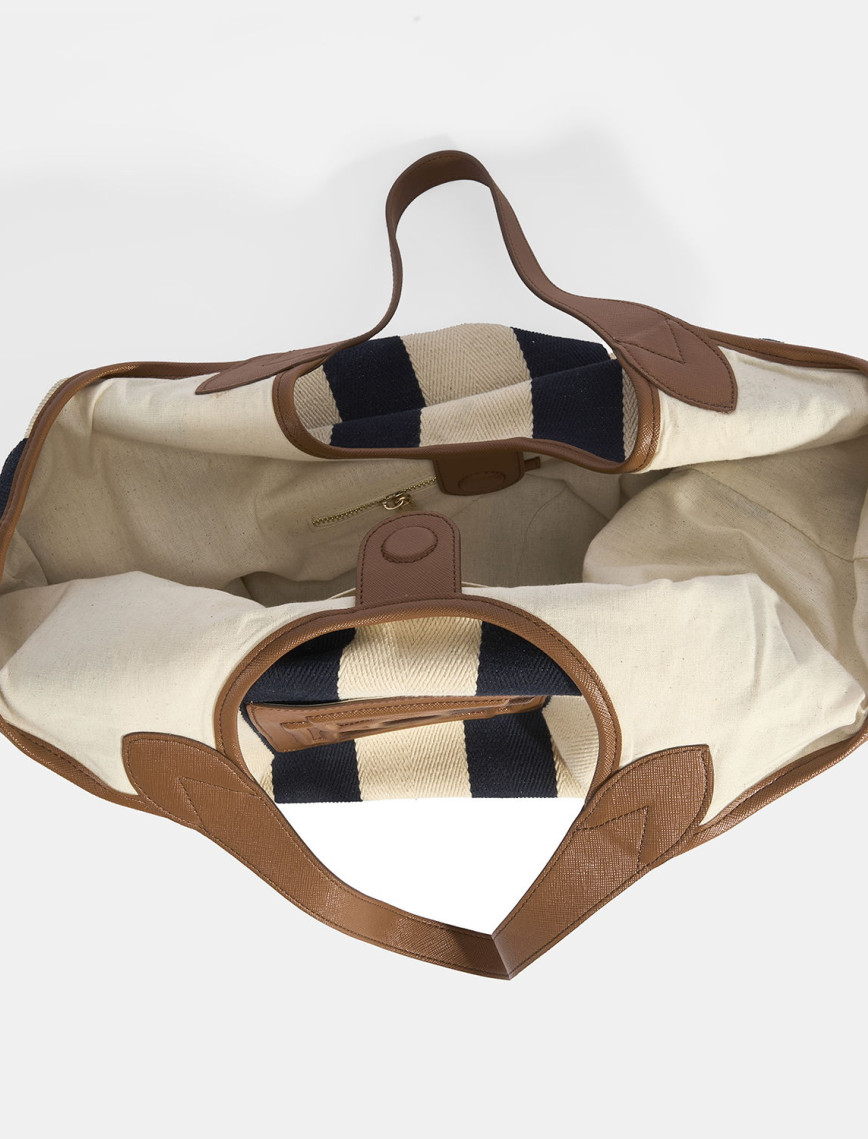 Kadın Monogram Logolu Lacivert Çizgili Kumaş Omuz Çantası Kadın Monogram Logolu Lacivert Çizgili Kumaş Omuz Çantası