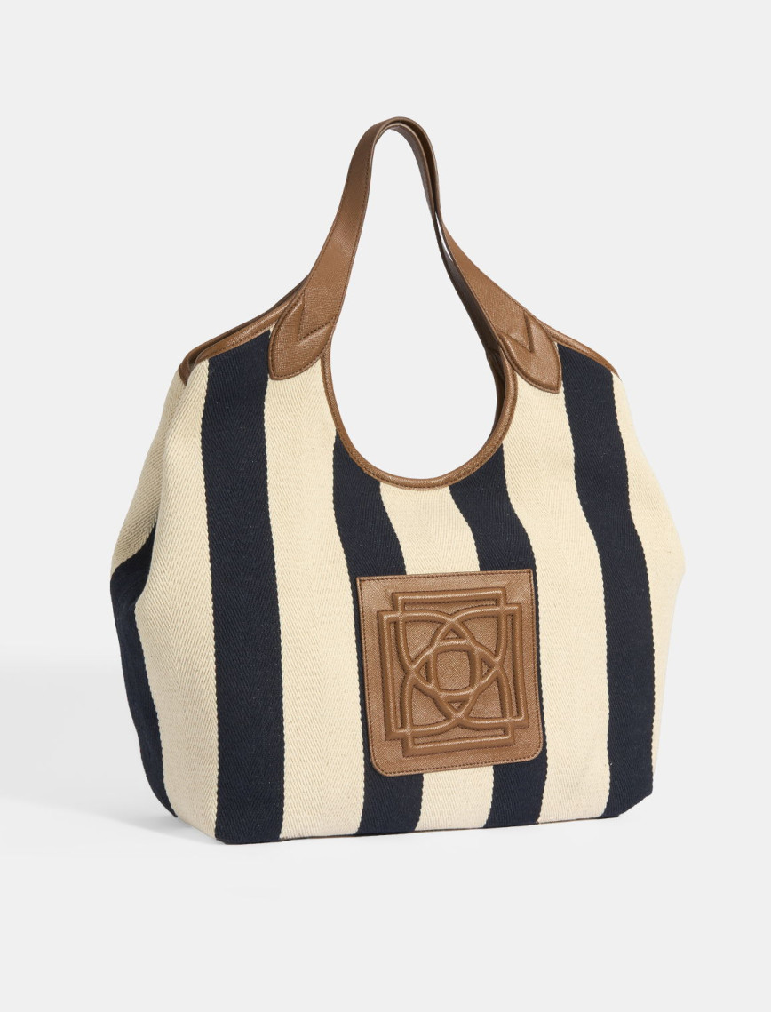 Kadın Monogram Logolu Lacivert Çizgili Kumaş Omuz Çantası Kadın Monogram Logolu Lacivert Çizgili Kumaş Omuz Çantası