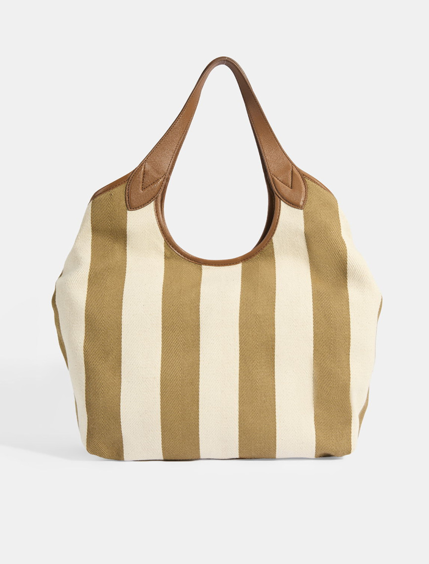 Kadın Monogram Logolu Vizon Çizgili Kumaş Omuz Çantası Kadın Monogram Logolu Vizon Çizgili Kumaş Omuz Çantası