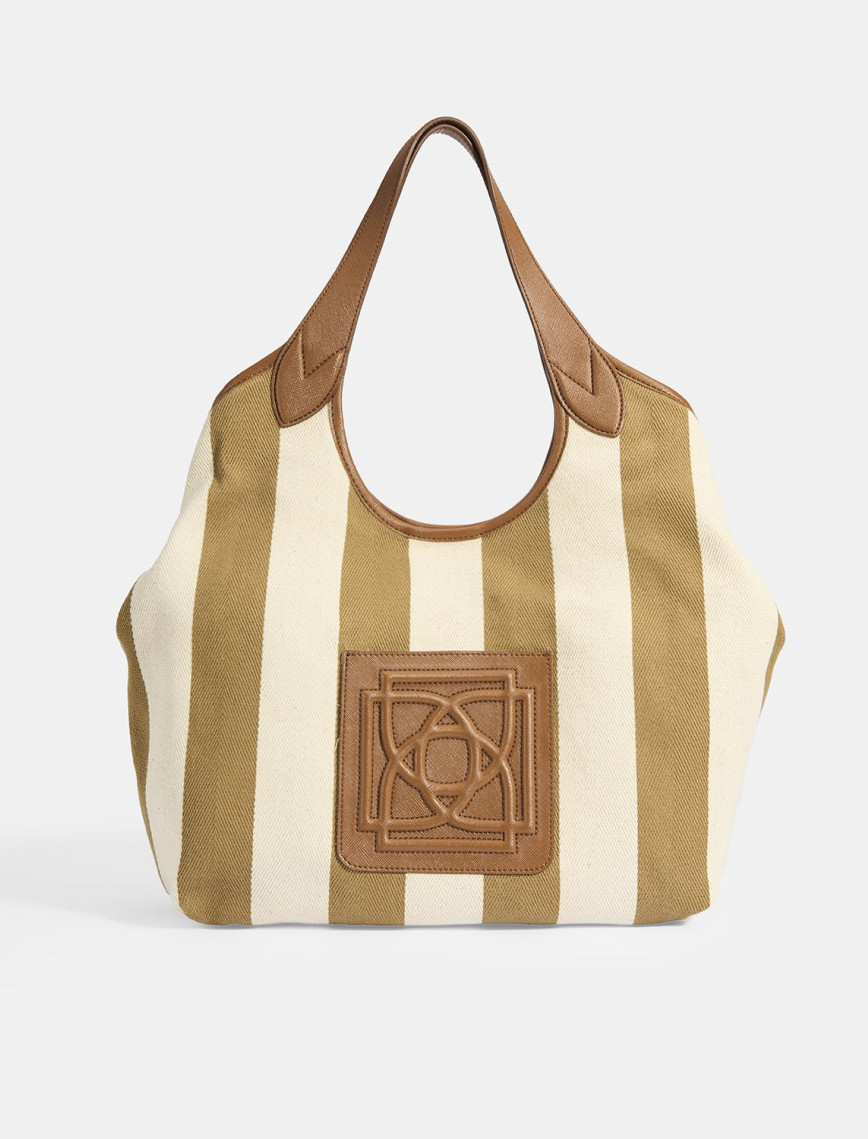 Kadın Monogram Logolu Vizon Çizgili Kumaş Omuz Çantası Kadın Monogram Logolu Vizon Çizgili Kumaş Omuz Çantası