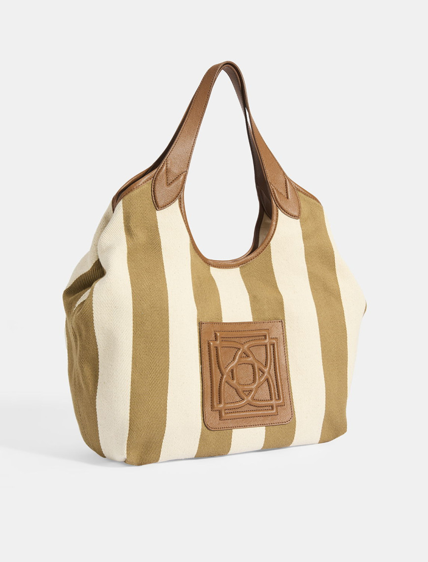 Kadın Monogram Logolu Vizon Çizgili Kumaş Omuz Çantası Kadın Monogram Logolu Vizon Çizgili Kumaş Omuz Çantası
