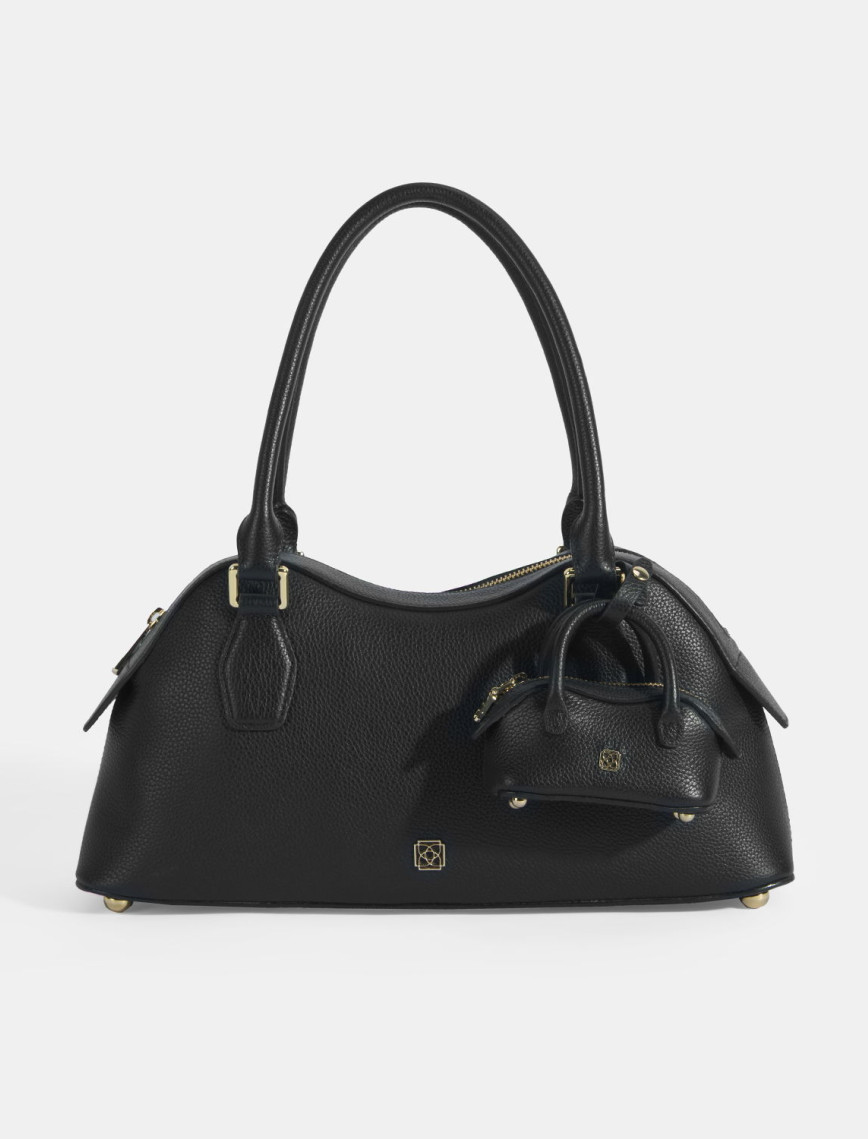 Kadın Siyah Deri Çanta Aksesuarlı Büyük Omuz Çantası