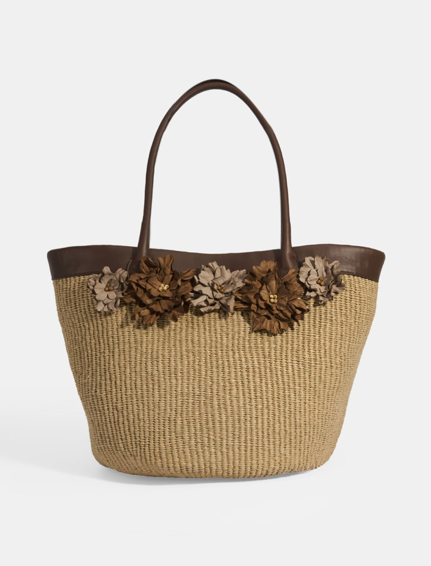 Kadın Kahve Çiçek Detaylı Hasır Omuz Çantası